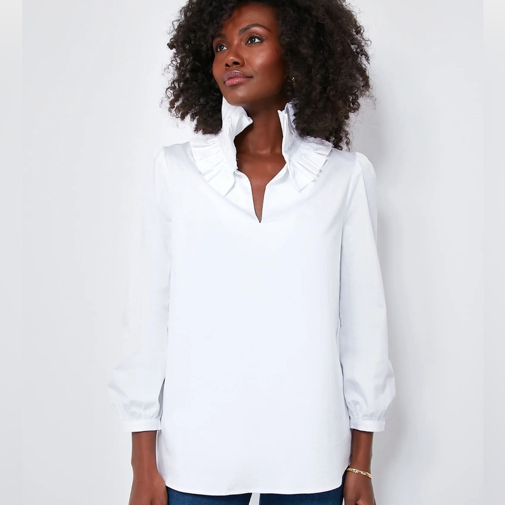 NWT XXL Tuckernuck White Stretch Poplin Ruffle Neck Bouvier Blouse